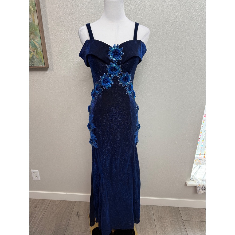 Vintage Navy Blue Metallic Floral Sequin Prom Gown Small